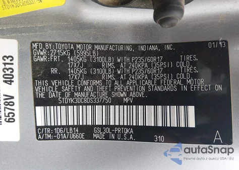 2013 Toyota Sienna Xle V6 8 Passenger из США, поврежденный, VIN 5TDYK3DC8DS337750